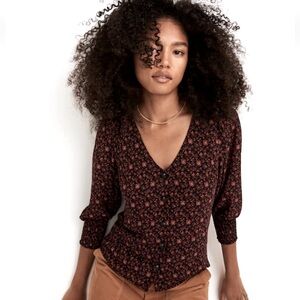 Madewell Georgette Floral V-Neck Button-Up Smocked Cuff Long sleeve Blouse Sz 8